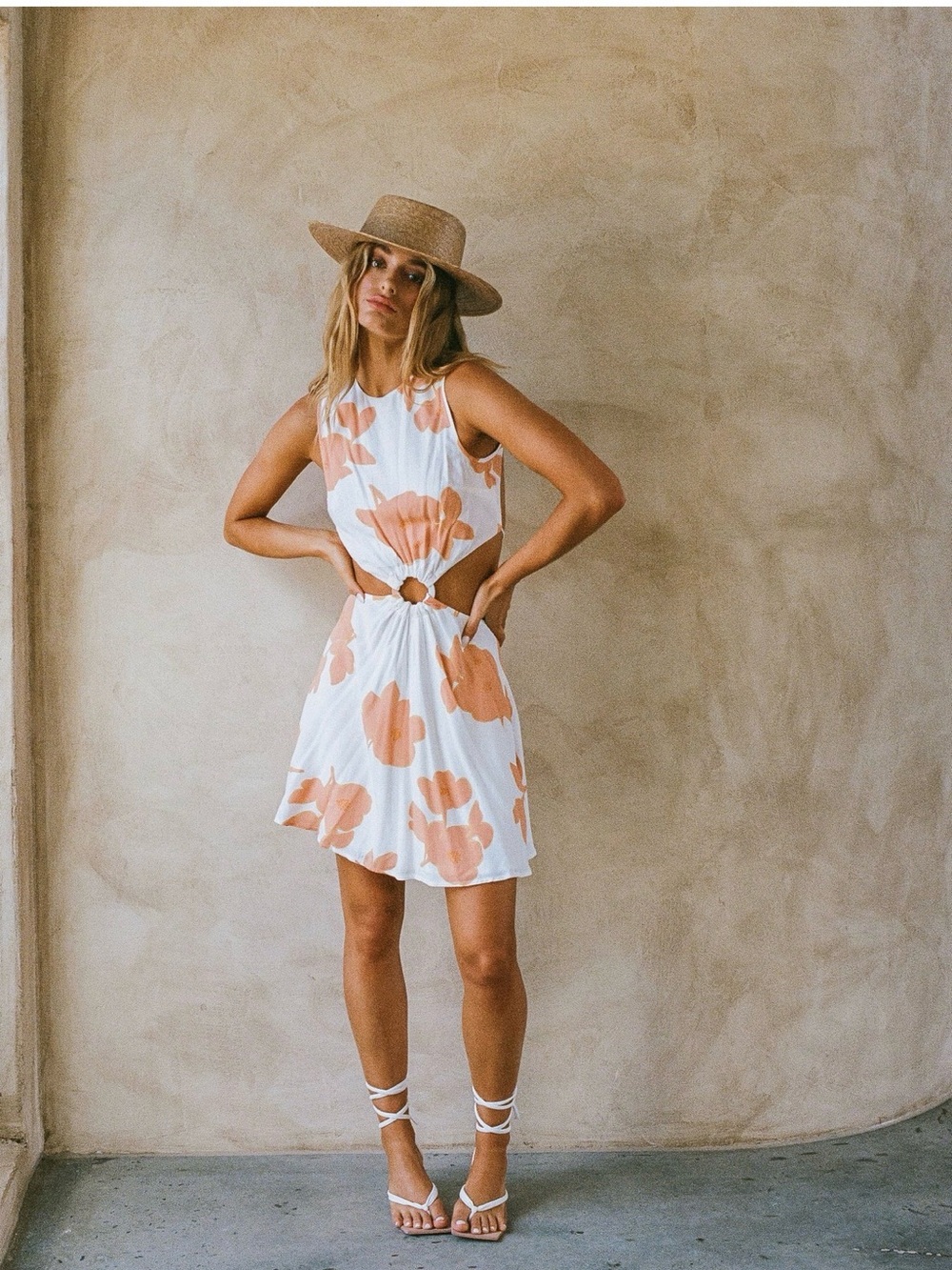 Sabo Skirt White Mini Dress with Peach Floral Print